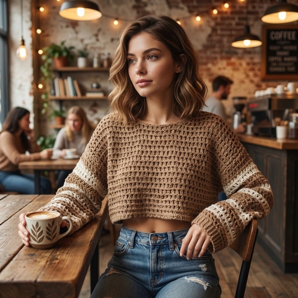 iKnit Women Tan Crochet Knit Cropped Sweater Striped Sleeve Boho Top 3869 NEW